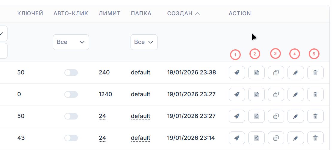 Таблица проектов и иконки действий